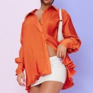 PLT Orange Chiffon Pleated Oversized Cuff Shirt UK 10  US 6 NEW